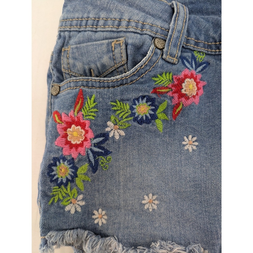 Rue 21 Curvy Jean Shorts Women 6 Distressed Raw Hem Floral Embroidered Boho Fray - Picture 8 of 9